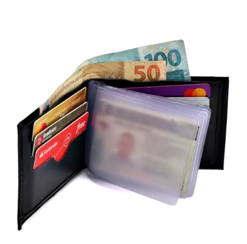 Carteira Slim de Couro Sintético com Porta Cartões, Preta, Conjunto com 5 Unidades