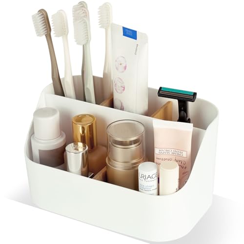 QIYVLOS Toothbrush Holders for Bathrooms, 5 Slots Toothbrush Holder Electric Toothbrush Holder and Toothpaste Holder for Bathroom Countertop Accessories Storage, Toothbrush Organizer (White)