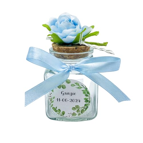 Ingrosso e Risparmio Set 12PZ Barattolini Portaconfetti con Fiore su Tappo di Sughero 12 Bustine Confetti 12 Adesivi Personalizzabili Nastro Fiocco Matrimonio Comunione Cresima (Celeste)
