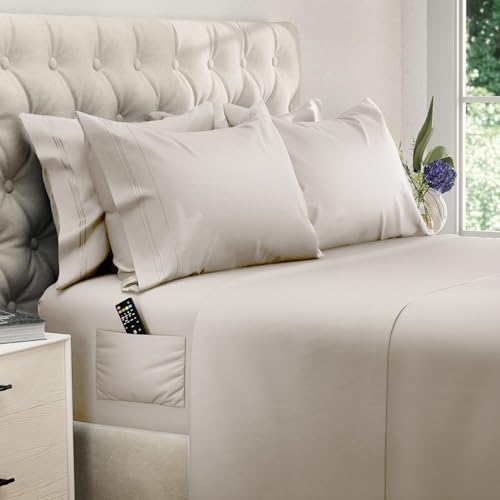 Image of DREAMCARE King Size Sheets Set - 6 pcs Breathable Cooling Sheets King Size | up to 21 inch Extra Deep Pocket King Sheet Set with Side Pockets - Extra Soft 100% Double Brushed Hotel Luxury Bedding - Beige