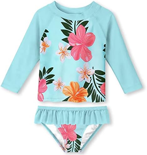 uideazone Toddler Girls Rash Guard 2 Piece Set 3T 4T Bathing Suit Long Sleeve Floral Print Swimsui Set UPF 50+ UV Sun Protection,3-4Y Blue-Flower