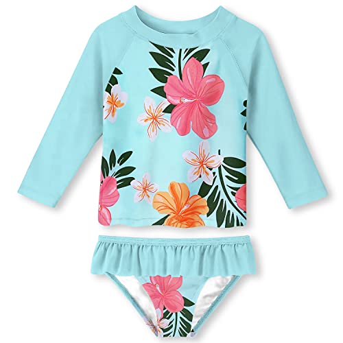 uideazone Toddler Girls Rash Guard 2 Piece Set 3T 4T Bathing Suit Long Sleeve Floral Print Swimsui Set UPF 50+ UV Sun Protection,3-4Y Blue-Flower