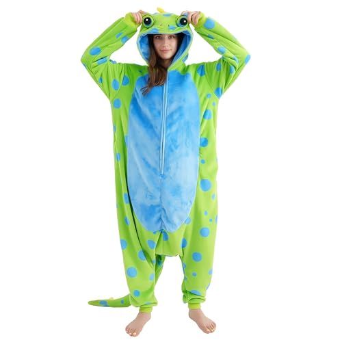 UiopSo Unisex Adult Lizard Onesie Pajamas Flannel Hooded Sleepwear Halloween Costumes Animal Cosplay Homewear (Medium Lizard)
