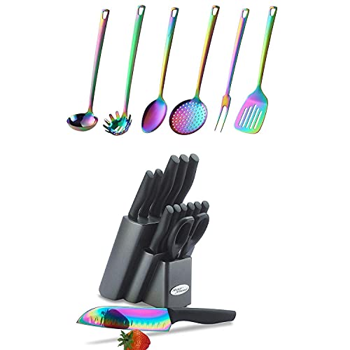 DISHWASHER SAFE Rainbow Titanium Knife Block Set Kitchen Knives Sets Plug Stainless Steel Utensil Set - 6 Cooking Utensils Rainbow Titanium Colorful Kitchen Utensils Set