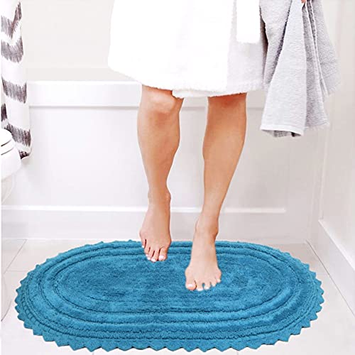 Rich&Pride Bathroom Rugs Sets 2 Piece - Luxury Thick Reversible Cotton Bath Mat Ultra Soft Plush Bathroom Rug - Water Absorbent Non-Slip Bathroom Floor Mats (Teal - Oval-21X34/17X24) #TOP4