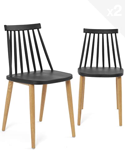 KAYELLES Lot de 2 - Chaise de Cuisine à barreaux bistrot café rétro scandinave, Pieds métal façon Bois Clair BAO (Noir)