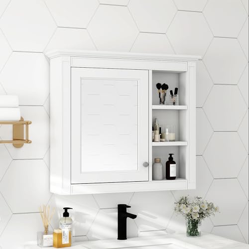 Armario de medicina para baño Merax con espejo, armario de almacenamiento para baño montado en pared con puerta espejada y 3 estantes ajustables, armario ahorrador de espacio sobre el inodoro miniatura 4