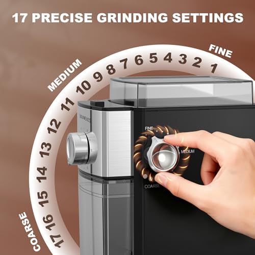 Automatic Burr Coffee Grinder - Flat Burr Coffee Beans Grinder with 17 Adjustable Settings for Espresso & French Press, Compact Electric Grinder with 7oz Large Hopper, Removable Burr, Black - 2