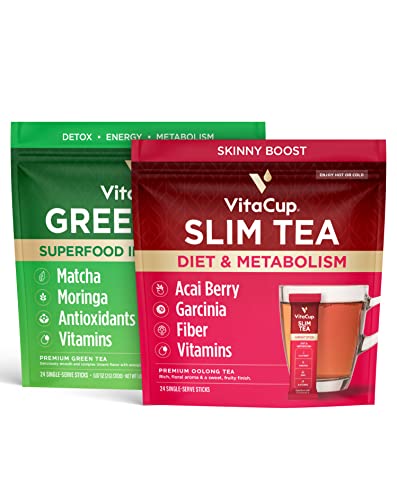 Vitacup Slim Instant Tea Packets 24Ct Oolong Tea W/Acai, Fiber, Vitamins + Vitacup Instant Green Tea Packets 24Ct Infused With Matcha, Moringa, Fiber, & Vitamins For Detox & Metabolism #TOP13