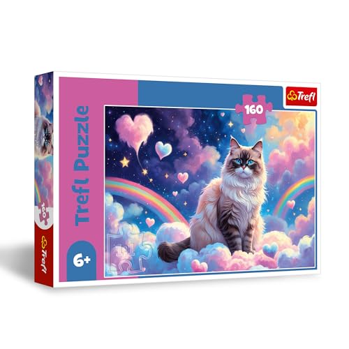 Trefl - Huskatt - Pussel 160 bitar - Färgglatt pussel med katten i molnen, Kreativ underhållning, Lek för barn från 6 år