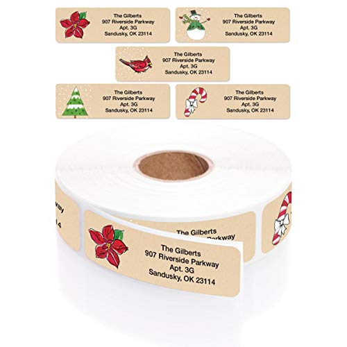 Christmas Kraft Designer Assorted Rolled Address Labels with Elegant Plastic Dispenser