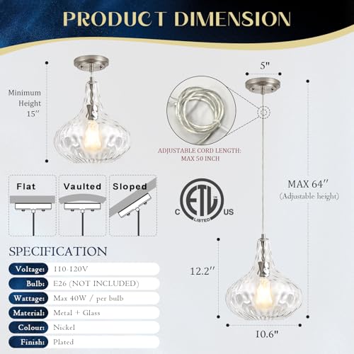 Image of 11 inch Clear Hammered Glass Pendant Light, Brushed Nickel, E26