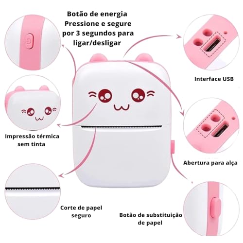 Mini Impressora Térmica Portátil BT 200dpi - Impressão de Fotos, Etiquetas, Notas, desenhos para col