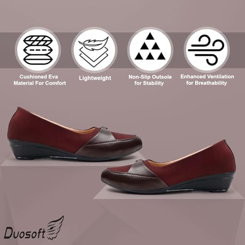 Image of Duosoft Women's Comfort Slip-On Loafers, Black Leather, Low Wedge Heel Bellies Dw-204-Brown