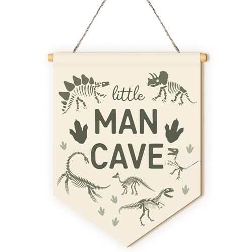 MOTERMATE Little Man Cave Nursery Sign Decor for Boys, Beige Dinosaur Dino Nursery Little Baby Boy Kids Toddler Room Front Door Wall Hanging Decor Decorations for Boys Bedroom Playroom, 8x10 Inch