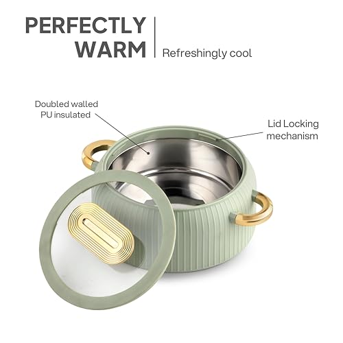 Image of CELLO Castella Deluxe Insulated Steel Casserole Case Set of 3 Pcs, Green (1000ml, 1500ml, 2500ml) | Airtight See Through Lid, Hot Pot Box Keeps Food Hot & Warm, Casserole Set for Roti Chapati Rice
