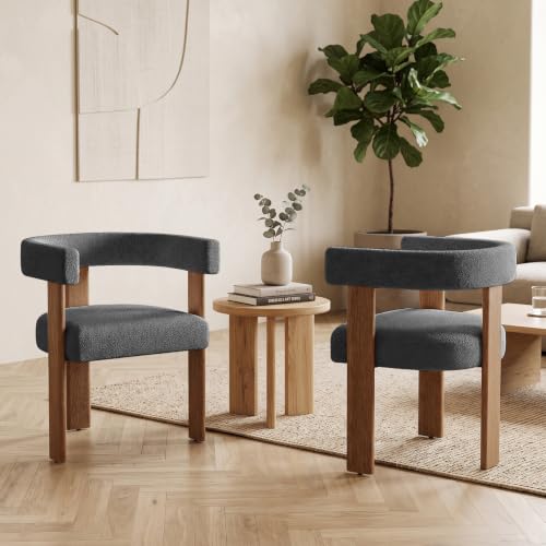 Gaussen Boucle Dining Chairs Set of 2, Mid Century Modern Dining Room Chairs with Solid Wood Legs, Terry Fabric Upholstered Kitchen Chairs, Accent Vanity Chair for Living Room (Grey, 2)