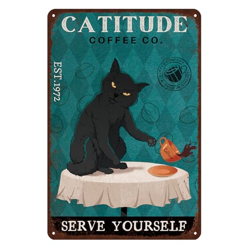 Retro Cat Metal Sign Vintage Coffee Bar Tin Signs Funny Kitchen Wall Decor