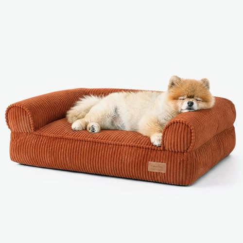 FUKUMARU Dog Couch Bed Corduroy Cozy Cat Bed for Indoor Cats with Washable Cover Supportive Waterproof Dog Beds Sofa for Small Dogs and Large Cats Cute 28inch Medium Orange