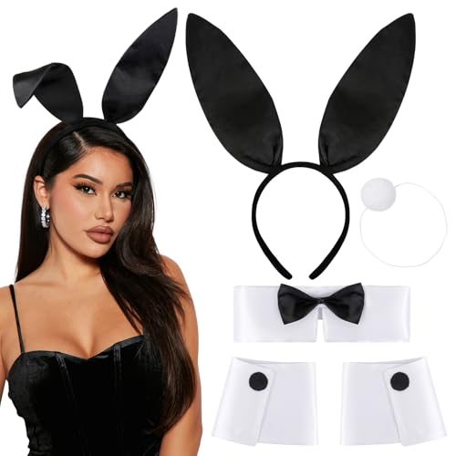 Huachi Bunny Costume Set for Women: Black Bunny Ears and Tail Set Rabbit Ears Headband for Party Favors Halloween Holiday Birthday Decoration