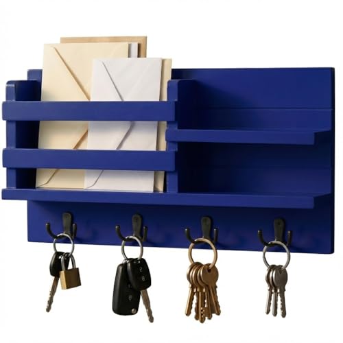 Image of Key Holder for Wall with Mail Shelf & 4 Hooks | Engineered Wood (Blue, Elegant Mail Organizer - 35.5 x 9 x 23 cm)