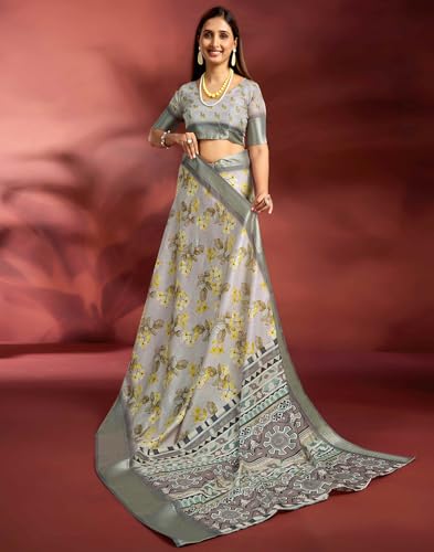 Image of SIRIL Women's Dola Silk Printed Jacquard Border Ready To Wear Saree with Unstitched Blouse Piece