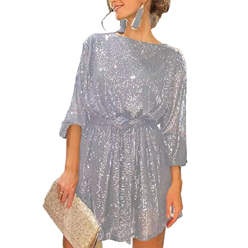 Oniissy Kleider Damen Glänzend Glitzer Minikleider Elegant Sexy Baggy Kleid Stretchy Partykleider Cocktailkleid Abendkleider Hohe Taille Langarmkleid Cover