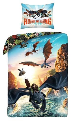 Halantex Parure de lit DRAGON TRAINER - Hiccup Dédenté et dragons de berk - Housse de couette 140 x 200 cm avec taie d'oreiller 70 x 90 cm - Microfibre - Multicolore