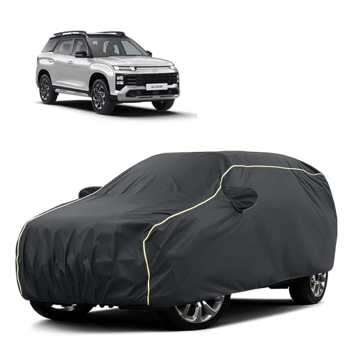 Image of Sulfar 100% Water Resistant Car Body Cover Compatible with Mirror for Hyundai Alcazar (Triple Stitched, Full Bottom Elastic, Dark Grey Tafetta with Yellow Piping)