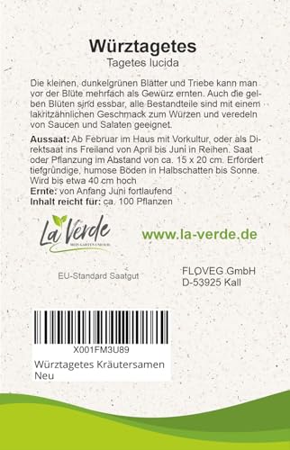 La Verde MEIN GARTEN UND ICH. Würztagetes Samen für ca. 100 Pflanzen, aromatisches Gewürzkraut mit lakritzähnlichem Geschmack, Saatgut ohne Gentechnik