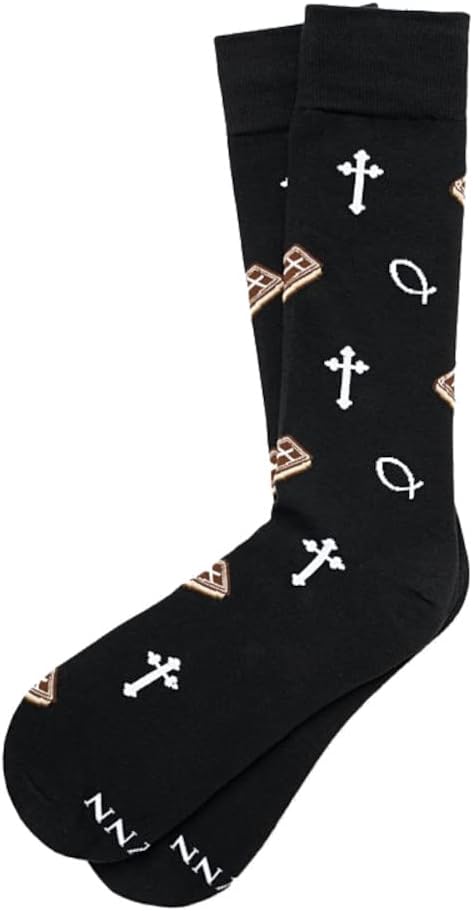 Men's Alynn Designer Black Faith Cross Bible & ichthys Inspirational Novelty Dress Crew Socks