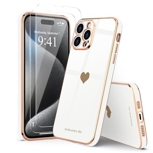 Teageo for iPhone 15 Pro Case with Screen Protector [2 Pack] Girl Women Cute Girly Love-Heart Luxury Gold Soft Cover Camera Protection Bumper Silicone Shockproof Phone Case for iPhone 15 Pro, White by Teageo - Image 7