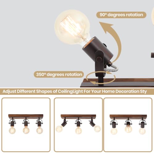 Image of 3-Light Farmhouse Track Lighting Fixture, Light Natural Wood & Matte Black Adjustable Directional Ceiling Spot Light, E26 Base Linear Wood Track Light for Kitchen Hallway Bedroom Laundry Room