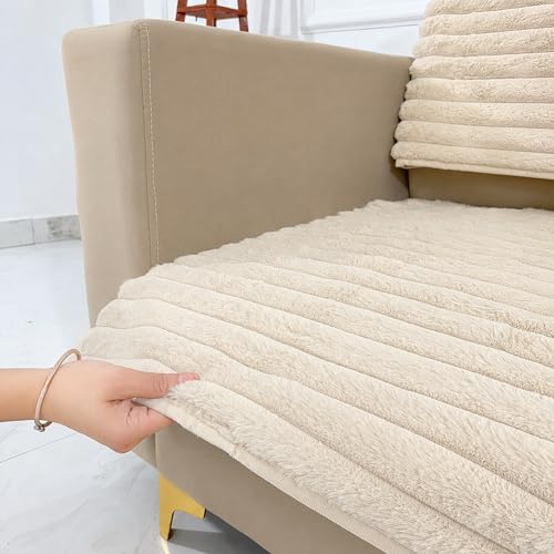 Image of Homerz Premium Rabbit Fur Sofa Cover with Anti-Skid Backing, Soft Plush Fabric Sofa Protector for Living Room Furniture (Beige, 1 Seater, Seat Cover with Backrest)