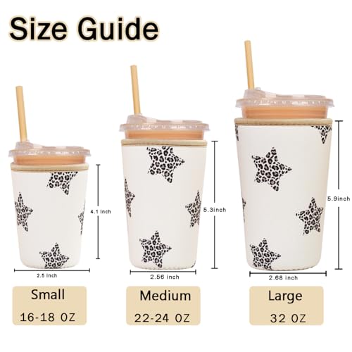 Image of Reusable Insulated Sleeve for Iced Coffee Cup, Coffee Neoprene Sleeve for Cold & Hot Drinks, Beverage Holder for Iced Coffee (Leopard Stars, Large: 32oz)