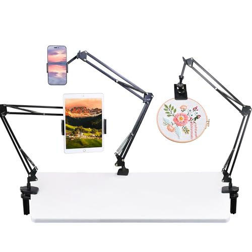 Leyanny 3-in-1 Tablet Stand with 360° Rotation – Adjustable Metal Arm Holder for Tablet, Phone, Embroidery Hoop – Foldable Desk Mount for Bed, Kitchen, Table, or Couch (Black)