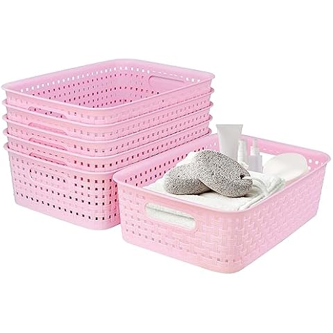 Plastic Storage Baskets, Small Pantry Baskets for Organizing, Woven Basket Organizer Basket Bins for Shelves, Organizer and Storage for Bathroom, Bedrooms, Kitchens (Pink 6pcs) Cover
