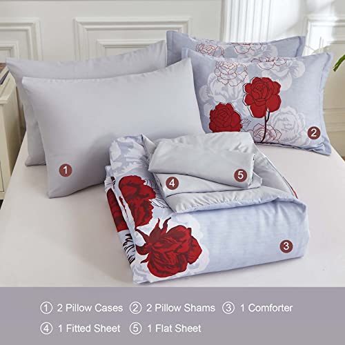 Xruibed 7 Piece Comforter Set Queen Red Flower Pattern Bedding Comforter Elegant Floral Soft Bed In A Bag For All Season (1 Comforter, 2 Pillow Shams, Flat Sheet, Fitted Sheet, 2 Pillow Cases) #TOP5
