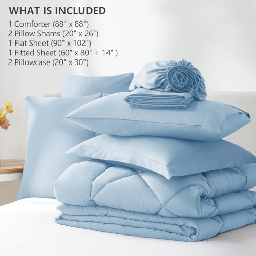 Image of CozyLux Queen Comforter Set Baby Blue - Bed in a Bag Queen Size 7 Pieces, Luxury Soft Bed Set for All Seasons, Bedding Set with Down Alternative Comforter, Sheets, Pillowcases & Shams