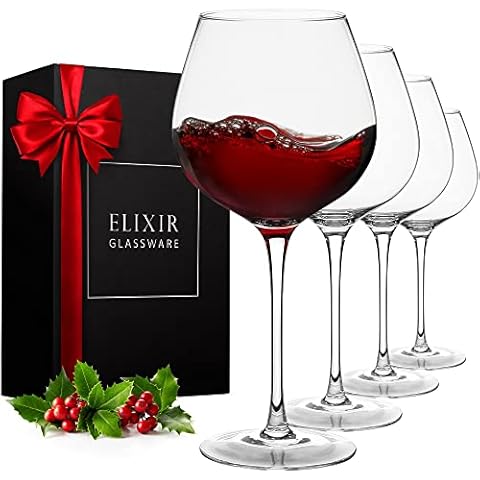 Red Wine Glasses - Large Wine Glasses, Hand Blown - Set of 4 Long Stem Wine Glasses, Premium Crystal - Wine Tasting, Wedding, Anniversary, Christmas - 22 oz, Clear Cover