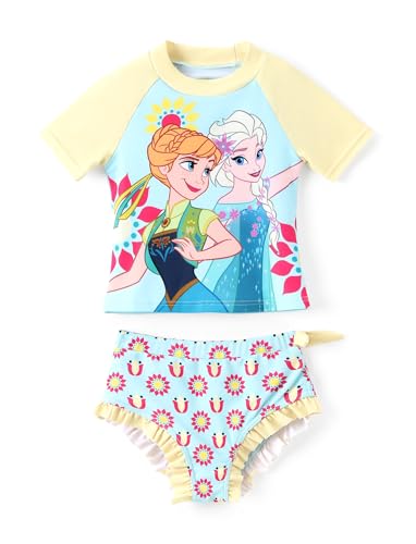 Disney Frozen Elsa Anna Princess Girls Swimsuit 2 Piece Tankini Bathing Wear Summer Swimming Clothing Short Sleeve Swim Suit Set Rash Guard UPF 50+Swimwear Beach Cute Children Swim Yellow 5-6 Years