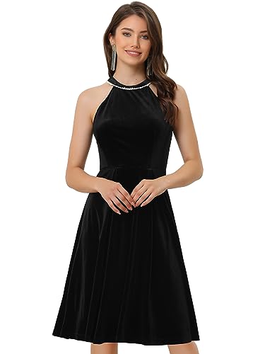 Allegra K Damen Neckholder Velvet Kleid Ärmellos Elegantes Samt Cocktailkleid Schwarz L