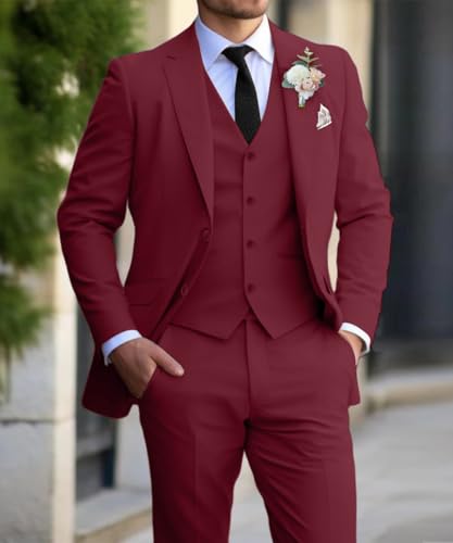 Men's Slim Fit Suit Set 3 Piece Suits for Men Regular Fit Solid Blazer for Business Wedding Prom with a Tie,Deep Wine Red,L2