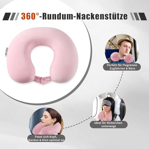 Egret Memory Foam Nackenhörnchen für Reisen - Ergonomische Unterstützung für Kopf, Nacken & Kinn - Super Leicht Nackenkissen für Flugzeug, Auto, Büro(Rosa)