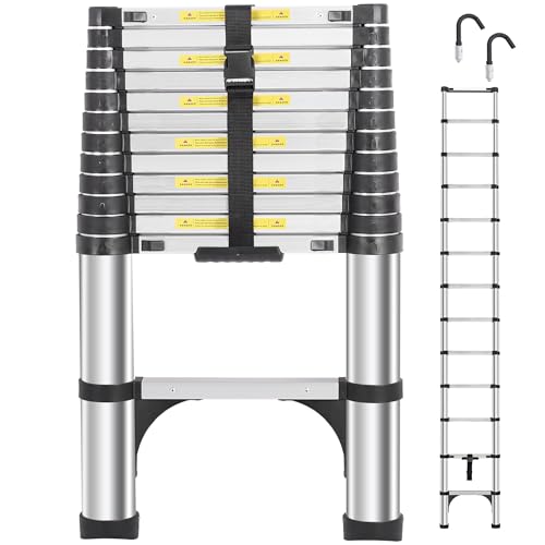 DEZEX Telescoping Ladders 16.5 FT Aluminum Ladder - One-Button Retraction Collapsible Extension Ladder Hooks for Home Outdoors RV Attic & Loft Lasts 330 LBS