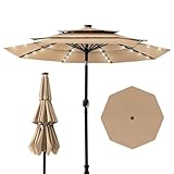 HOMPUS 11FT 3 Tiers Solar LED Patio Umbrella, Outdoor Market Umbrella with Push Button Tilt, Pool Umbrella w 40 LEDs for Backyard, Deck, Garden, Khaki