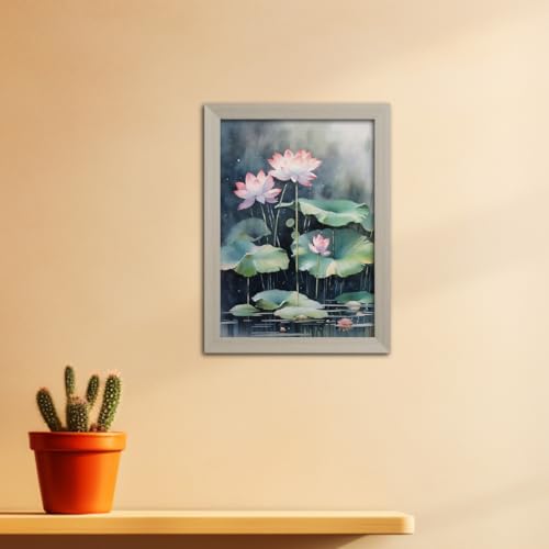 Image of TenorArts White Lotus Photo Frame Vastu Positivity Lucky Wall Painting Aesthetic Art Framed with White Wooden Texture for Living rooms Office Bedroom - Wall Paintings /Hangings (12inches x 9inches)