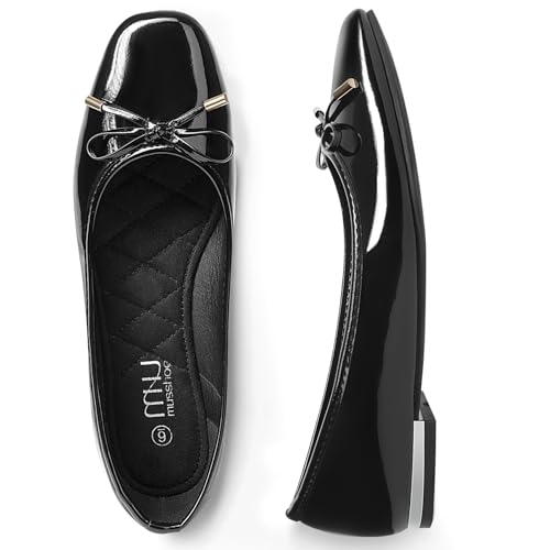 MUSSHOE Women's Ballet Flats Shoes Dressy Comfortable Square Toe Patent Flat with Bow3