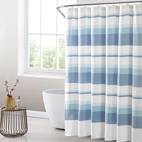 Style Quarters Waffle Shower Curtain, Striped Waterproof Shower Curtains For Bathroom Showers, Cotton Blend Heavy Duty Fabric Bath Curtain, Soft Spa Hotel Quality, Blue And White Stripe,72 X 72 Inches #TOP1