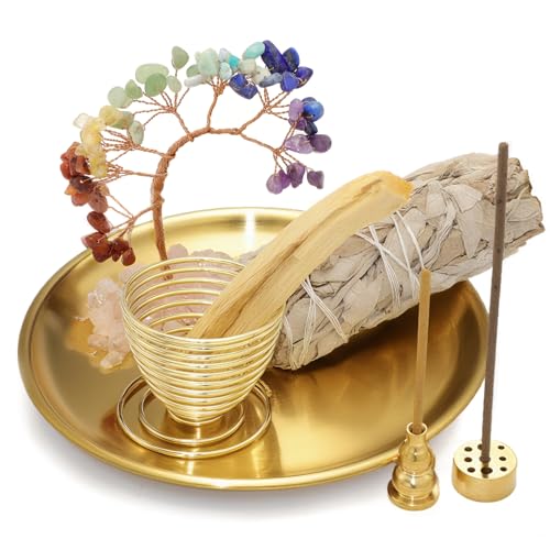 BEYLAB 6 chakra Portaincenso 5 in 1 ottone con, ciotola per incenso da 14 cm, per qualsiasi incenso, bastoncini di, porta salvia bianca, coni yoga, meditazione, zen,decorazione per la casa